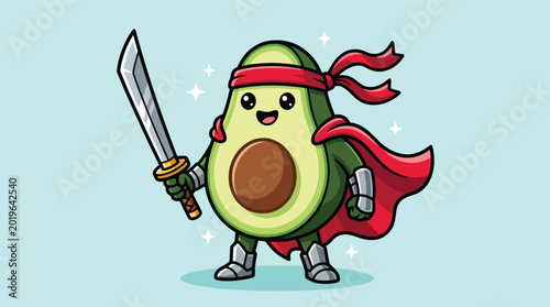 Cuadro en lienzo Cute Cartoon Avocado Ninja Warrior Character Holding A Sword.