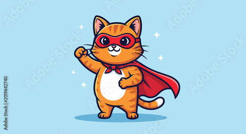 Obraz na plátně Cute Cartoon Ginger Cat Superhero Wearing a Red Mask and Cape.