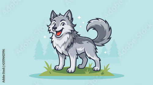 Foto Cute cartoon wolf standing on grass with forest background.