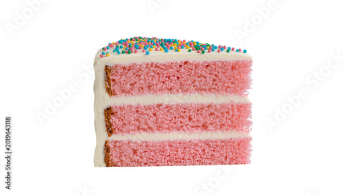 Cuadro en lienzo Three layer pink cake with white frosting and colorful sprinkles, isolated on tr