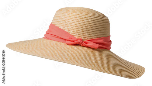 Fotografía Wide-brimmed straw sun hat with coral ribbon bow, isolated on transparent backgr