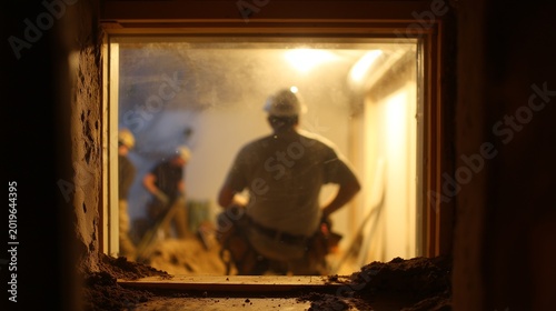 Worker installing basement egress window opening with safety light and excavation visible, representing egress window installation for emergency escape and code compliance.