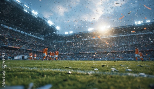 Wide-angle view of an expansive modern soccer stadium with vibrant green grass, empty seats, and bright stadium lighting under a cloudy sky
