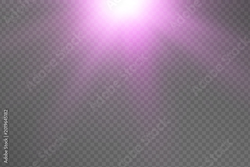 Pink glowing sunlight rays with soft realistic flare on light checkered background. Bright radiant pink illumination overlay with vibrant beam effect.