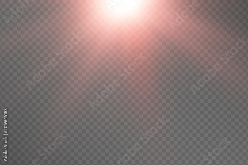 Red sunlight rays shining from above with dramatic glow and realistic flare on light checkered background. Vibrant red beam overlay with radiant illumination effect.