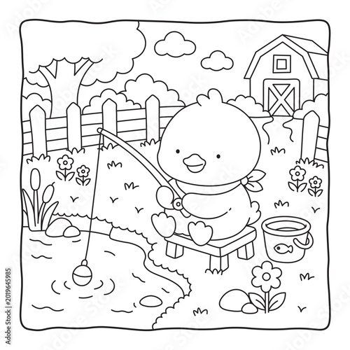 Obraz na plátně Sunny Fishing Day with Little Duck – Relaxing Farm Pond Coloring Page