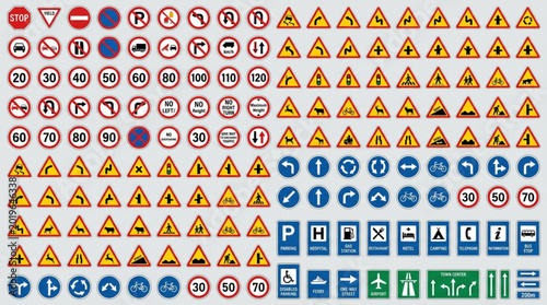 Foto Collection of various international traffic and road signs.