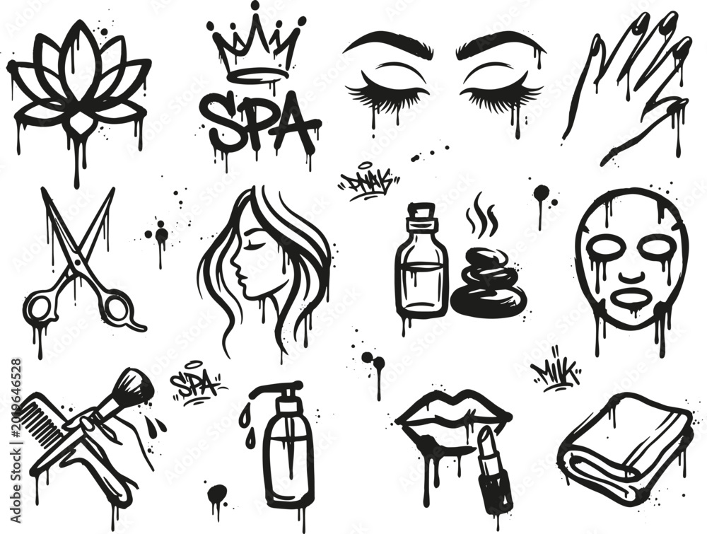Obraz premium Black and white spa and beauty icons with dripping effect