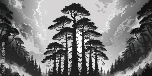 Photos Mystic Dark Pine Forest Silhouette Vector Landscape.
