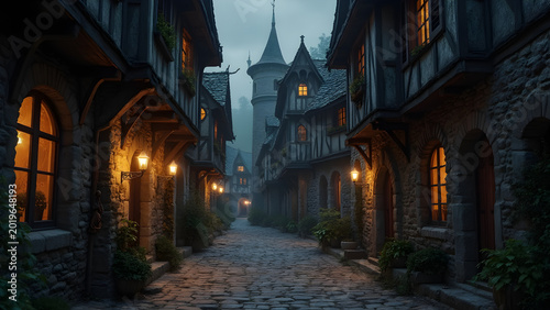 medieval town night walk. eerie alleyways of a medieval village. spooky ambiance in medieval streets. exploring dark alleys at night.