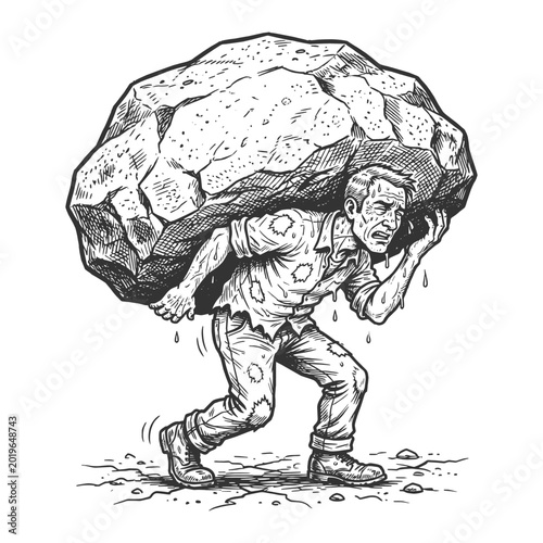 tired man carrying a huge rock, symbolizing burden, hardship, pressure, and struggle sketch engraving generative ai fictional character vector illustration. Scratch board imitation. Black and white.
