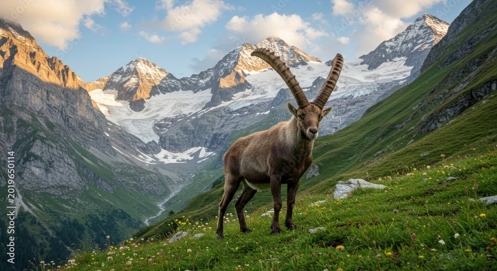 Fototapeta premium Alpine Ibex standing in green mountain valley landscape.