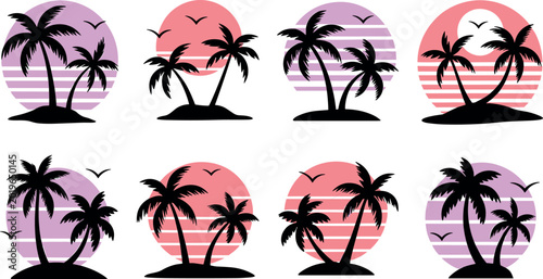 Illustration of eight tropical sunset scenes with palm tree silhouettes birds and retro gradient sun designs symbolizing beach paradise artwork