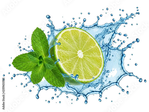Fresh lime slice with vibrant mint leaves and water splash isolated on transparent background