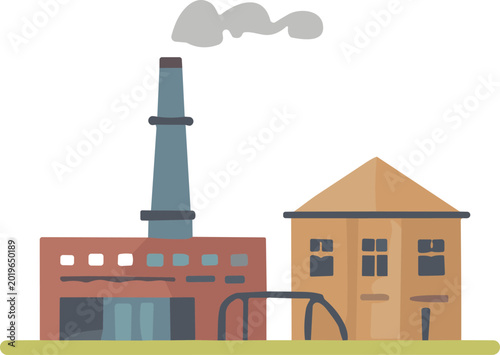 Foto Illustration of factory building with smokestack house office and swing set symb