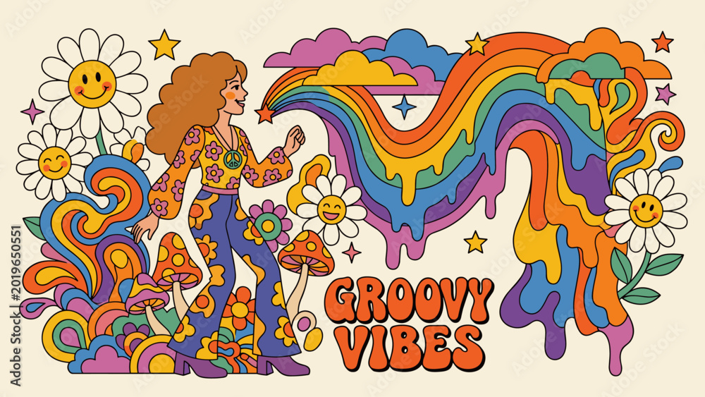 Fototapeta premium Vibrant retro 70s psychedelic illustration of a woman dancing with flowers and mushrooms under a melting rainbow, capturing the free-spirited summer era