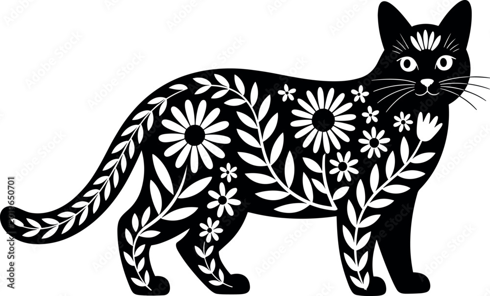 Fototapeta premium Vector illustration of decorative floral cat symbolizing nature, elegance, artistic design, symmetry, and creative artwork