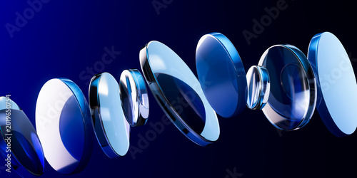3D exploded lens array with floating part on blue background