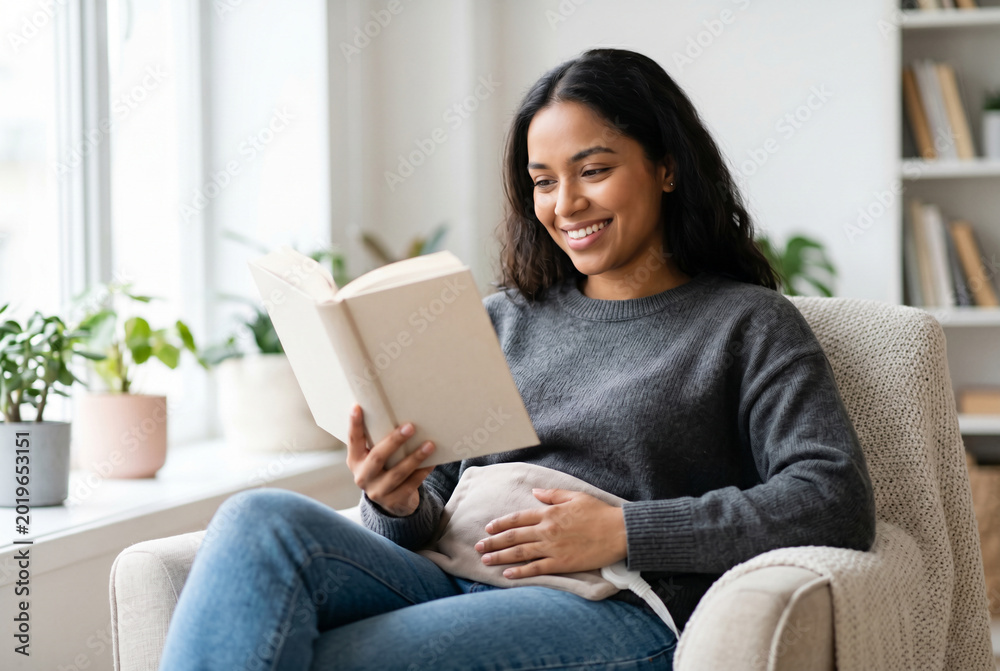 Fototapeta premium Smiling woman reading a book with heating pad on her stomach