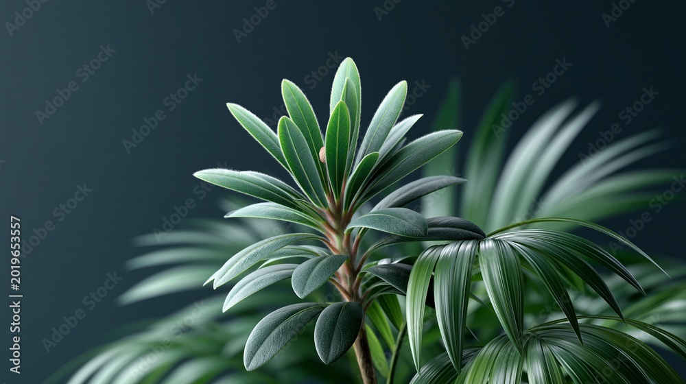 Fototapeta premium Close-up of lush green indoor plant leaves with a dark background, showcasing intricate leaf patterns and textures in a modern home decor setting