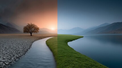 Split landscape showing contrasting environments: a dry cracked earth with a solitary tree on one side and a lush green riverbank with mountains on the other side