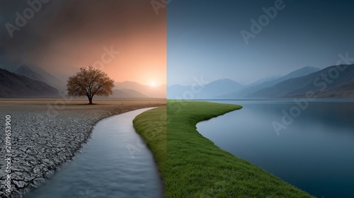Split landscape showing contrasting environments: a dry cracked earth with a solitary tree on one side and a lush green riverbank with mountains on the other side