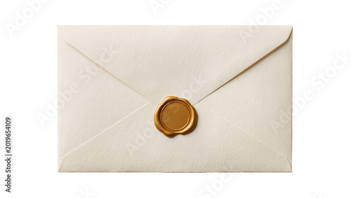 Obraz na plátně Cream colored envelope sealed with a golden wax stamp, isolated on transparent b