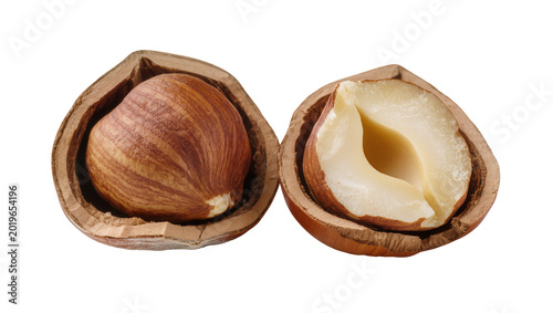 Canvas Print Whole and halved hazelnut in shell, isolated on transparent background