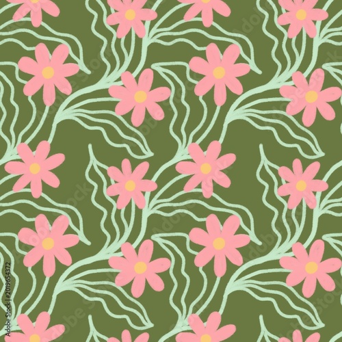 Hand-drawn floral seamless pattern with pink flowers and wavy green leaves