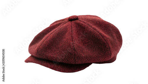Fotografía Deep red herringbone wool newsboy cap with button top, isolated on transparent b