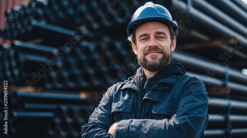 Confident male worker wearing a navy blue safety jacket and helmet, standing outdoors in an industrial setting with black metal pipes in the background