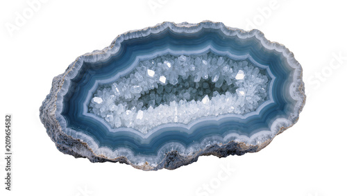 Tableau sur toile Blue banded agate geode with crystal cavity, isolated on transparent background