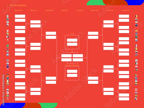 Принти на полотні Football world tournament 2026 knockout stage bracket vector featuring red background with national flag icons and structured path from round of 32 to final