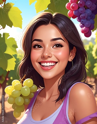 Smiling woman holding grapes in vineyard.