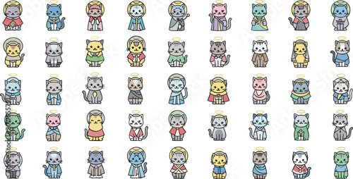 Diverse group of adorable cartoon cats dressed in saintly attire with halos, showcasing different emotions.