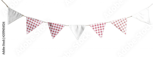 Party bunting garland featuring red gingham and white fabric flags, celebrating events on transparent background