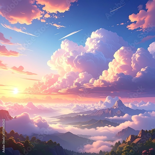 Serene mountain landscape with clouds sunset.