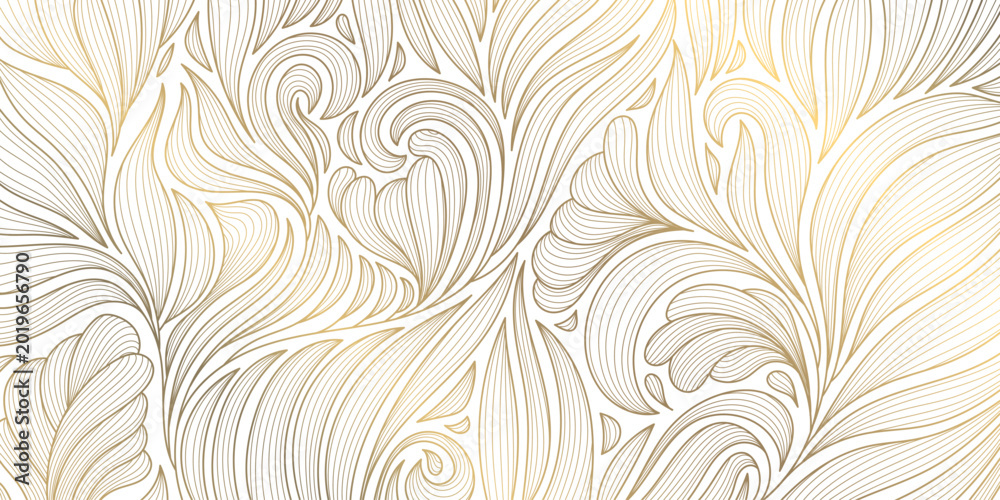 Fototapeta premium Luxury Art Deco floral pattern with elegant gold line leaves, flowing wave elements background. Vector illustration Japanese ornament with tropical foliage, wallpaper, tea packaging, summer decor.
