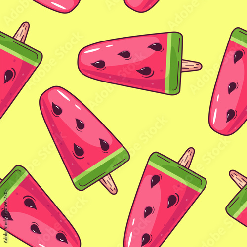 Seamless watermelon popsicle pattern with colorful ice cream illustration. summer dessert background for textile, packaging, wallpaper and sweet food design