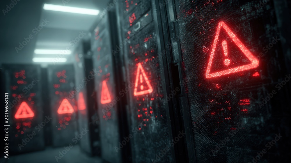 Obraz premium Server room with AI nodes flashing red holographic warning futuristic risk concept
