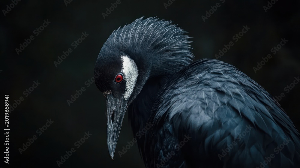 Fototapeta premium Close-up portrait of a crane, dark background. Possible use nature photography