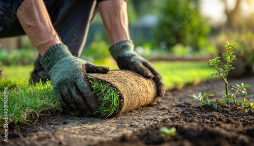 Gardener laying new grass lawn with rolled turf and gardening tools in a well-maintained garden