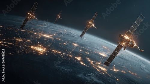 AI communication satellites in low Earth orbit connecting global data nodes futuristic visualization