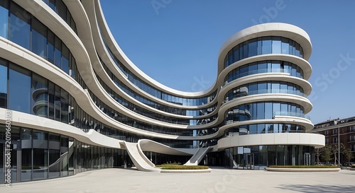 Modern architectural building with curved facade and glass windows