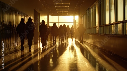 High school students walking through a sunlit school corridor with large windows and reflective flooring, silhouettes in motion