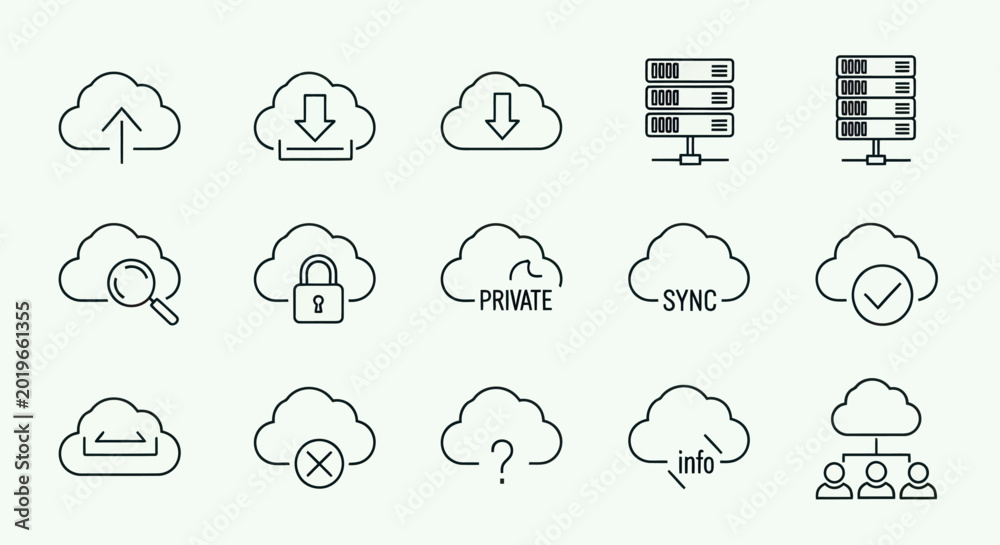 Obraz premium Cloud computing icons for data, security, sync, and networking.