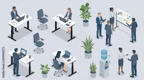 end Isometric people working office is a front view, business concept, management, office furniture, workflow, business office workers in suits insulated. 