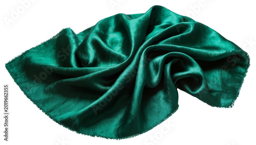 Quadro em tela Emerald green silk fabric with frayed edges draped and folded, isolated on trans