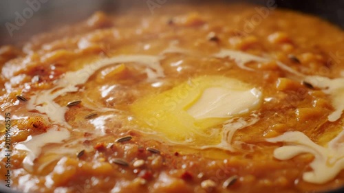 Appetizing pav bhaji with butter melting on spicy vegetables in a warm close-up kitchen shot.