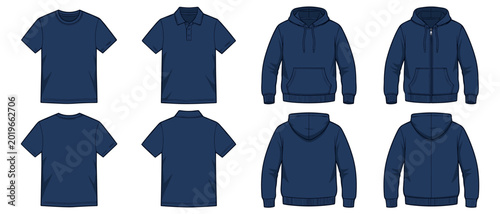 navy blue male shirt polo and hoodie template set